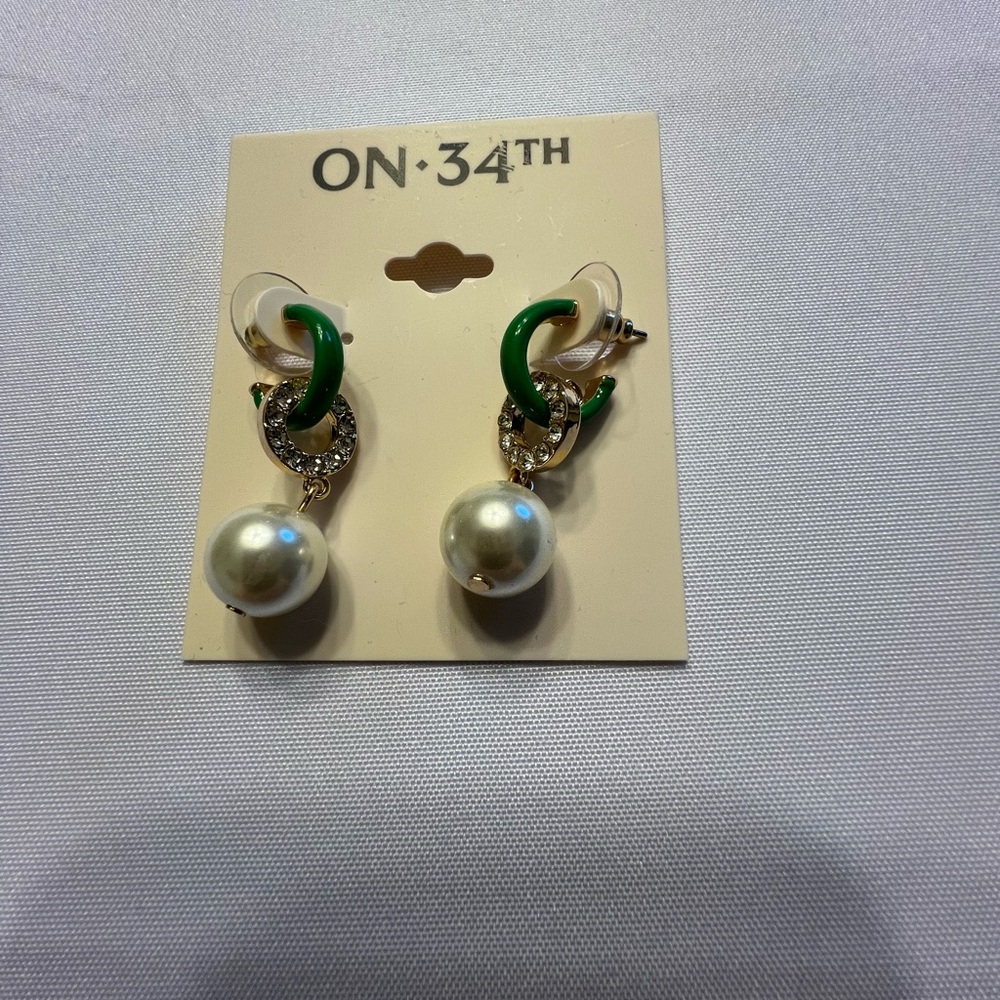 Ornate Green and Gold Pearl Stud Earrings